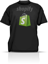 Load image into Gallery viewer, A black t-shirt with the shopify logo